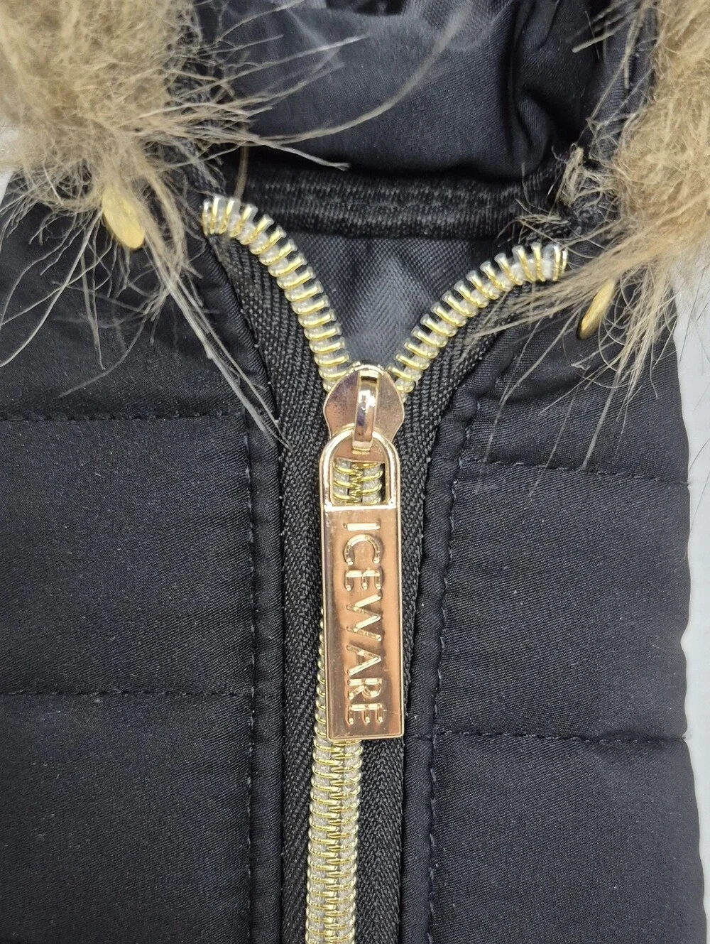 Black Faux Fur Trim Bottle Jacket with Gold Zipper IceWare